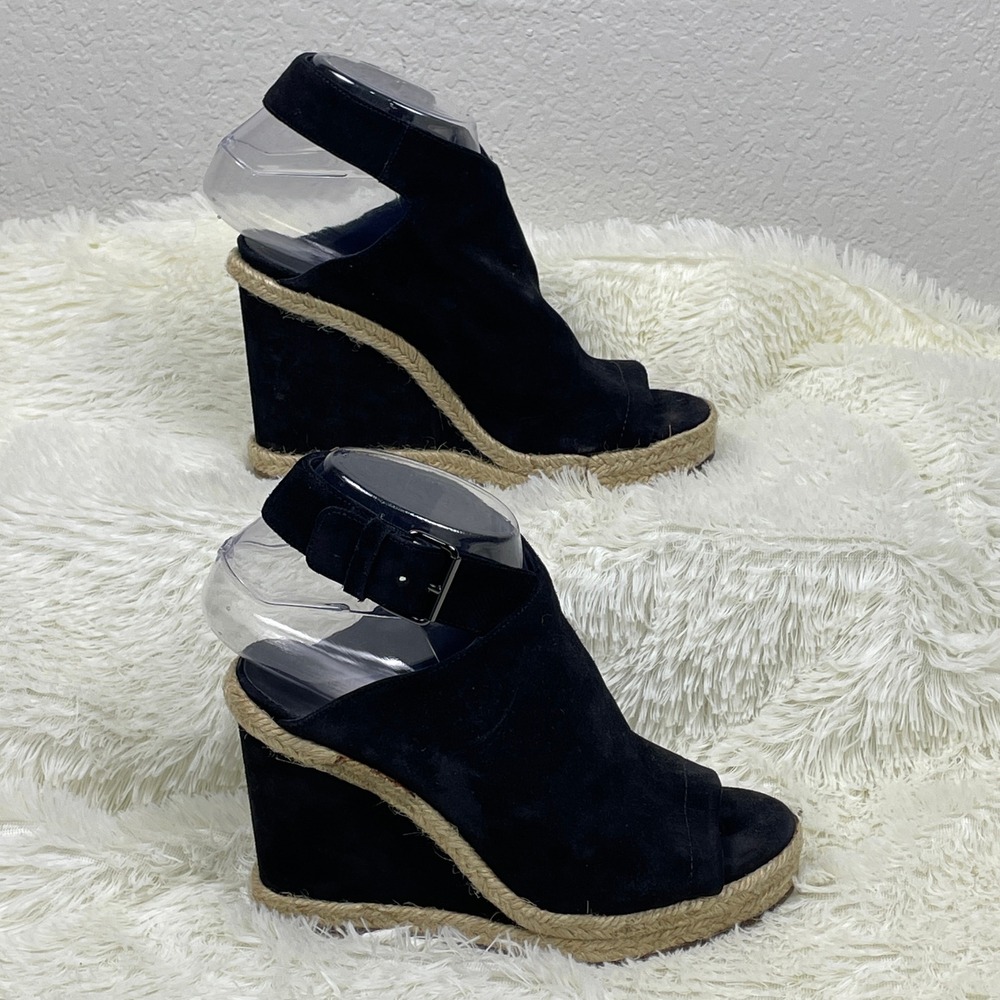 Vince Espadrille Wedge Sandals Womens 6.5 Black Excellent Suede Peep Toe Italy